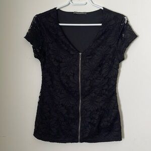 Black lace short sleeve zip up